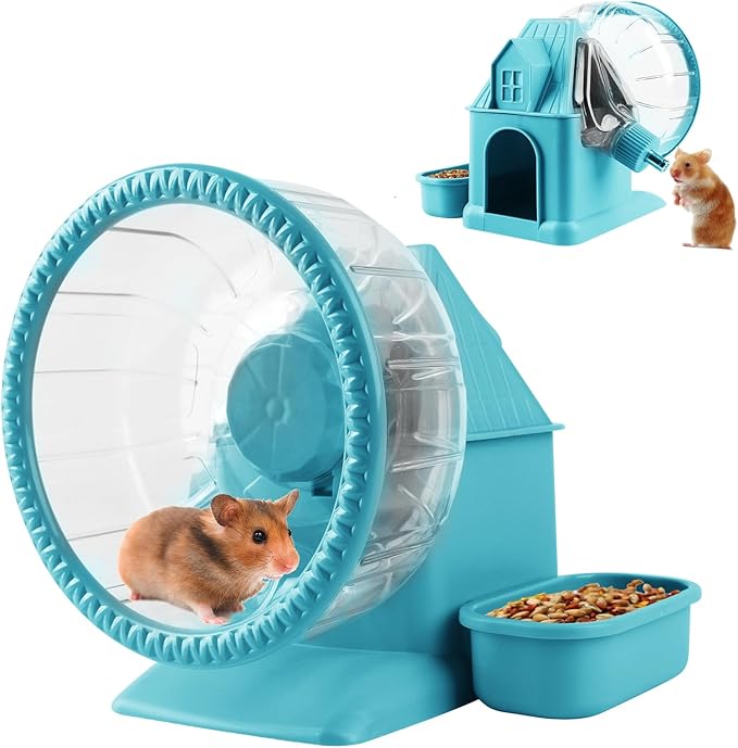 4 in 1 Silent Large Hamster Wheel Multifunctional Hamster Running Wheel Quite Running Spinner Wheel Accessories with Food Bowl Water Bottle for Hamsters Dwarf Gerbil (Blue)-PurrikoPets