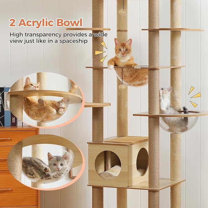 71" Tall Wood Cat Tree for Large Cats, Modern Cat Tower with 2 Acrylic Bowls, Large Top Perch, Spacious Cat Cave (Soft Cushion Included), 10 Sisal Scratching Posts and Non-Slip Jump Platforms-PurrikoPets