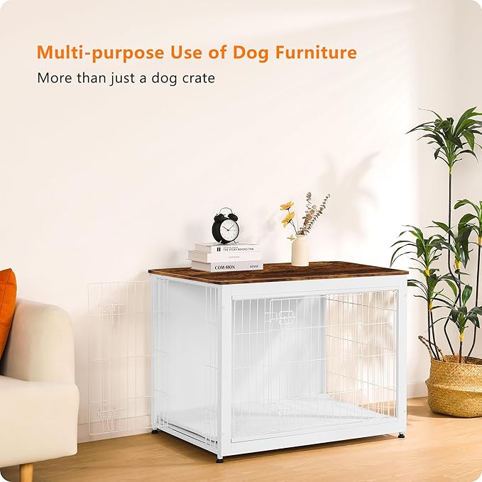 DWANTON Dog Crate Furniture with Cushion, Wooden Kennel Table with Double Doors, Indoor Dog House, Large Size, 38.5" L, White+Rustic Brown-PurrikoPets