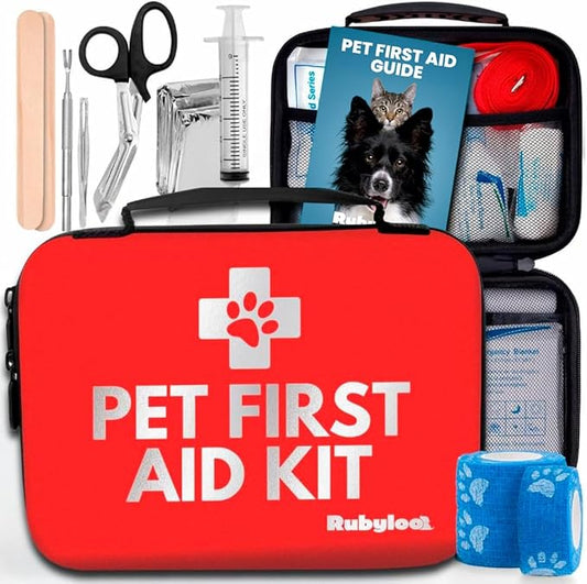 Dog First Aid Kit - Vet Approved Pet First Aid Supplies to Treat Dogs & Cats in an Emergency - Pet First Aid Kit Guide, Tick Remover, Slip Leash & Medical Essentials for Home, Camping, Car, RV, Travel-PurrikoPets