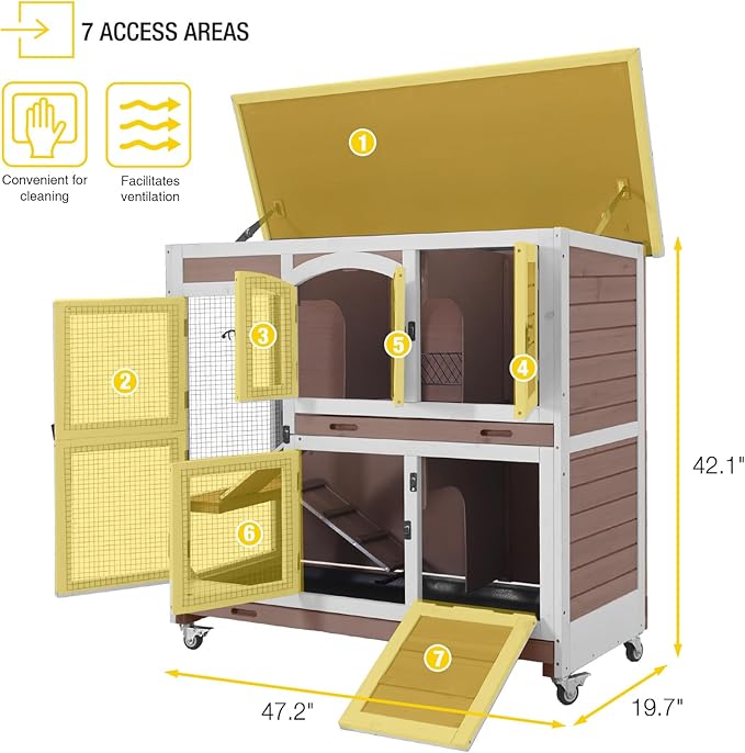 Aivituvin Rabbit Hutch Indoor, Bunny Cage with Wheels, 2-Story Design, 2 Deep Trays, Anti Slip Ramp, Ideal for Small Animals - Brown-PurrikoPets