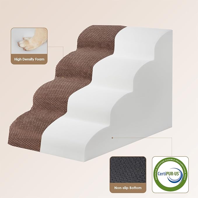 EHEYCIGA Curved Dog Stairs Ramp for High Beds 19.7" H, 4-Step Dog Steps for Small Dogs and Cats, Pet Stairs for High Bed Climbing, Non-Slip Balanced Pet Step Indoor, Brown-PurrikoPets