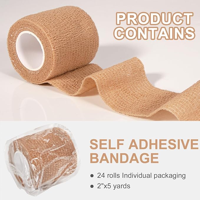 24 Pack Self Adhesive Bandage Wrap, 2” x 5 Yards Cohesive Medical Tape Elastic Grip Tape Sports Tape Athletic for Ankle, Wrist Sprains, Pet First Aid (Brown, 2 Inch)-PurrikoPets