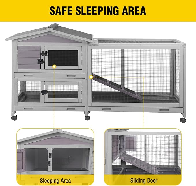 Aivituvin Rabbit Hutch Outdoor Rabbit Cage Indoor with Casters Bunny Cage Chikcen Coop for Small Animals with Pull-Out Tray(Grey)-PurrikoPets
