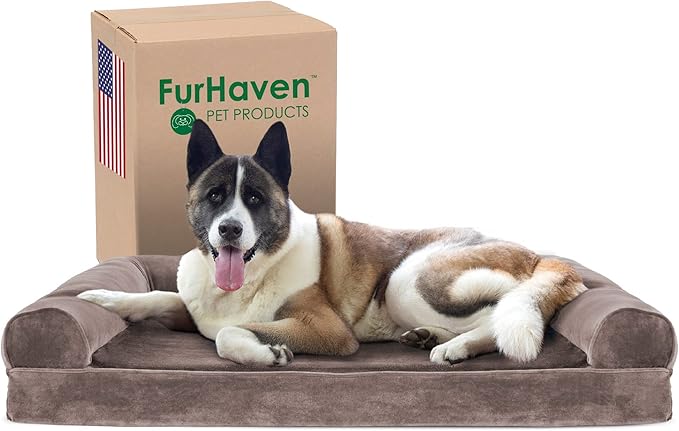 Furhaven Cooling Gel Dog Bed for Large Dogs w/ Removable Bolsters & Washable Cover, For Dogs Up to 95 lbs - Faux Fur & Velvet Sofa - Driftwood Brown, Jumbo/XL-PurrikoPets