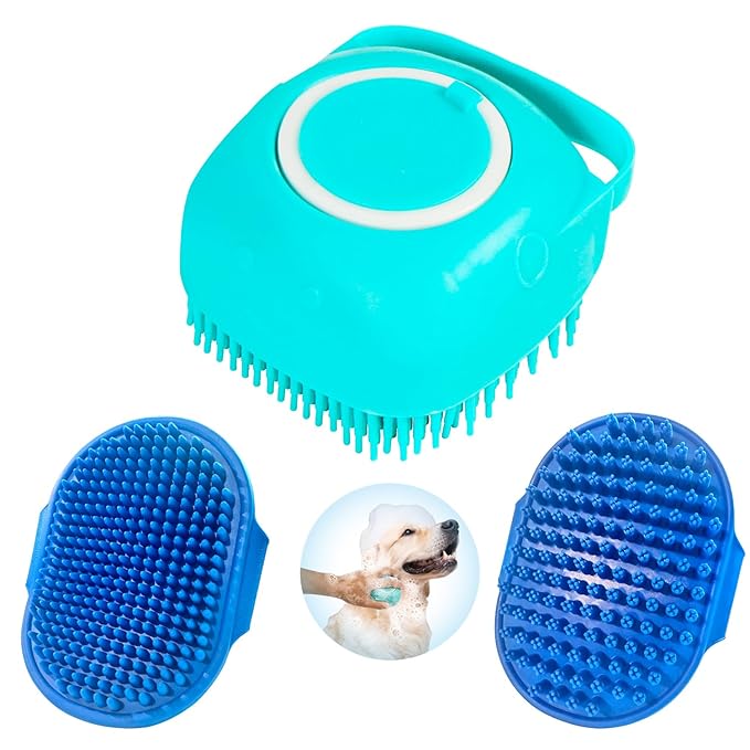 Dog Grooming Brush, Lilpep Pet Shampoo Bath Brush Soothing Massage Rubber Comb with Adjustable Ring Handle for Long Short Haired Dogs and Cats (Blue, set)-PurrikoPets