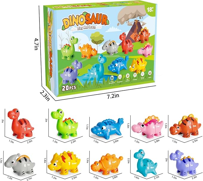 20 PCS Dinosaur Number Learning Toys for Toddlers Kids 3-5, 10 Different Dinosaur Figures, Double Sided Number Matching Game, Preschool Activities Montessori Fine Motor Toys for Toddlers Kids-PurrikoPets
