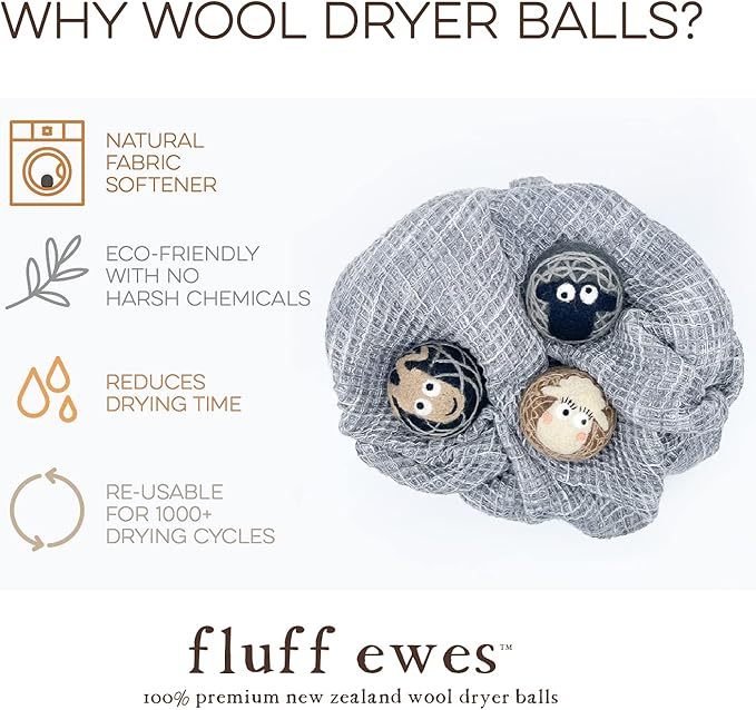 Fluff Ewes Wool Dryer Balls 3 Pack Premium New Zealand Wool Laundry Balls for Dryer, No Static Dryer Balls Laundry Reusable Cute - XL Wool Dryer Balls Cute, Baby Dryer Balls for Dryers - Darks-PurrikoPets