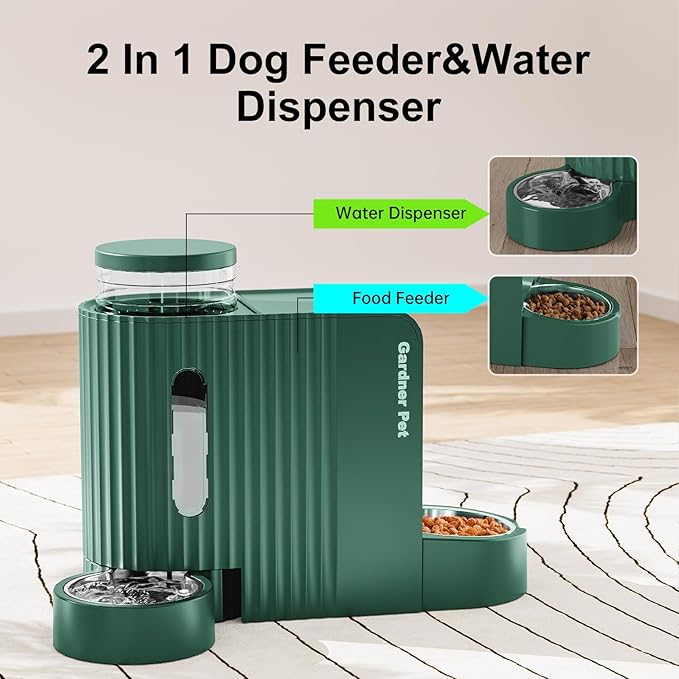 Gardner Pet Automatic Gravity Pet Feeder, 0.8 Gallons*2 Dog Feeder and Water Dispenser Set 100% BPA-Free, 2-in-1 Gravity Feeder with Stainless Steel Bowl for Dogs, Cats, Rabbits, Puppies (Green)-PurrikoPets