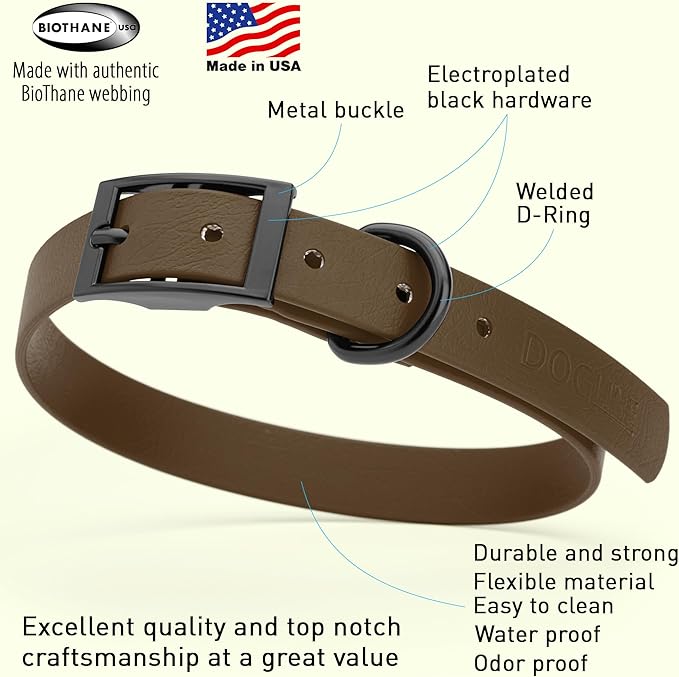 Dogline Biothane Waterproof Dog Collar Strong Coated Nylon Webbing with Black Hardware Odor- Proof for Easy Care Easy to Clean High Performance Fits Small Medium or Large Dogs, Dark Chocolate Brown-PurrikoPets