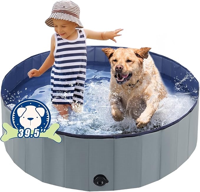 Foldable Dog Bath Swimming Pool Plastic Kiddie Pool Professional Tub Collapsible Grooming Bathtub for Pets Kids Baby and Toddler, 39.5 x 12 Inches Gray-PurrikoPets