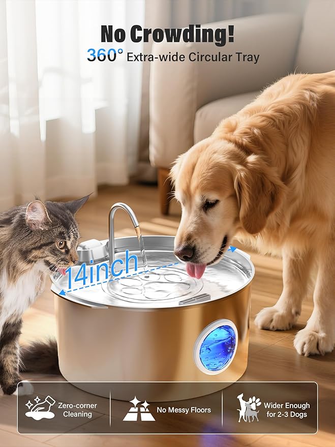 3.4Gal Dog Water Fountain for Large Dogs, Extra Large Stainless Steel Pet Water Fountain, Round Dog Water Bowl Dispenser with Metal Handle, Water Level Window, Supet Quiet Pump for Multi Pet Home-PurrikoPets