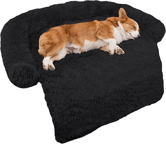 GGIB Calming Dog Bed Fluffy Plush Dog Mat for Furniture Protector with Removable Washable Cover for Large Medium Small Dogs and Cats (Medium, Black)-PurrikoPets