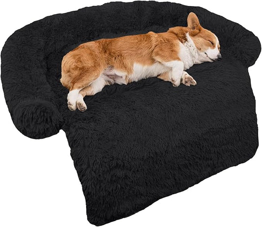 GGIB Calming Dog Bed Fluffy Plush Dog Mat for Furniture Protector with Removable Washable Cover for Large Medium Small Dogs and Cats (Medium, Black)-PurrikoPets
