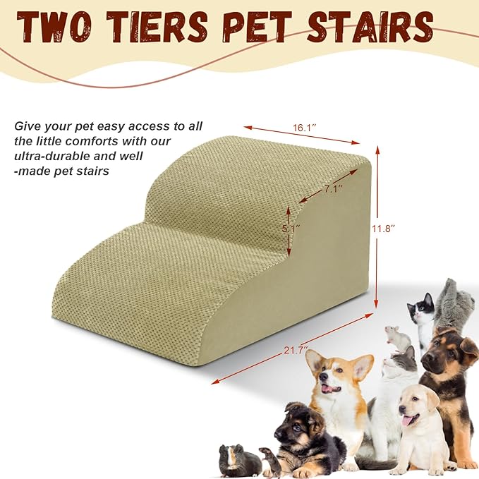 Dog Stairs for Small Dogs - High Density Foam Pet Steps, Extra Wide Dog Ramp with Non-Slip Bottom for High Beds, Couch and Sofa, Best for Dogs Injured, Older Doggy Cats,2 Steps, Camel-PurrikoPets