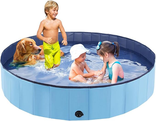 Foldable Dog Bath Swimming Pool Plastic Kiddie Pool Professional Tub Collapsible Grooming Bathtub for Pets Kids Baby and Toddler, 97 x 12 Inches Blue-PurrikoPets