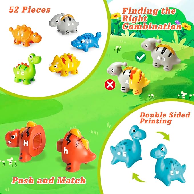 52 PCS Dinosaur Alphabet Learning Toys for Toddlers Kids 3-5, 10 Different Dinosaur Figures, Double Sided ABC Matching Game, Preschool Activities Montessori Fine Motor Toys for Toddlers Kids-PurrikoPets