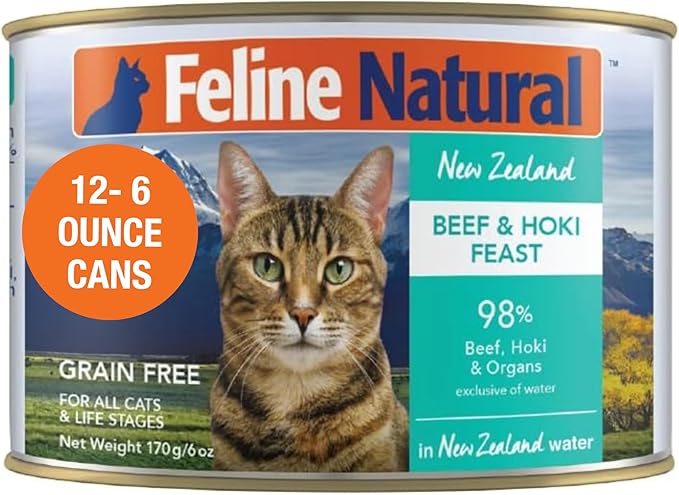 Feline Natural New Zealand Canned Catfood Wet Food, High-Meat, Low-Carb, & Grain Free Cat Food Wet, Beef & Hoki Feast, 6 oz, Pack of 12-PurrikoPets
