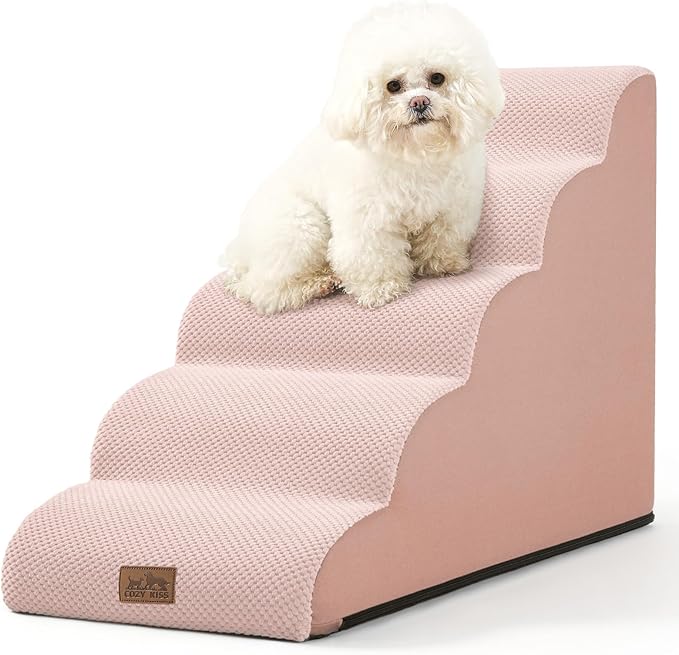 Dog Stairs for High Bed 22.6" H, Small Dog Step for Puppy, Older or Cat, Curved Ramp for Car, Ladder with High Density Foam, Lightweight, Durable, 15.7x33x22.6 inch, 5 Step, Pink-PurrikoPets