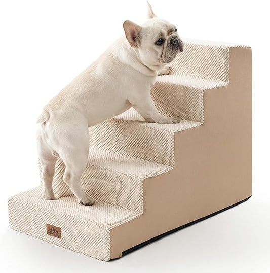 Dog Stairs for Small Dogs, 5 Tier Wider Pet Stairs for High Beds, 23.6" H Non-Slip Dog Steps for Old Cats, Puppies, Small Medium Dogs, 29.5x19.7x23.6 inch, Beige-PurrikoPets