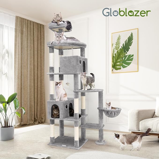 Globlazer Giant Cat Tree, 83 inch Cat Tree for Indoor Cats Large Adult, XXL Cat Tower with 9 Scratching Posts for 20lb+ Heavy Duty Large Adult Cats, F83, Light Grey-PurrikoPets