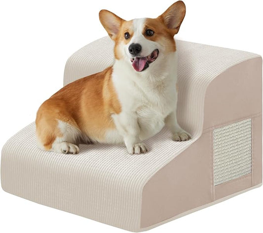 Dogs Steps for Bed, Dog Stairs for Small Dogs, 2-Step Dog Ramp for Bed, Couch, Sofa, and Chairs, Non-Slip Bottom Design, Cat Scratching, High Density Foam Portable Pet Step, Indoor, Beige-PurrikoPets