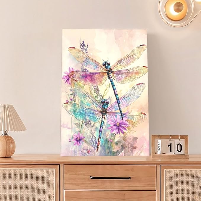 Dragonfly Bathroom Pictures Wall Art, Floral Bathroom Wall Decor, Framed Painting Canvas Artwork for Bedroom Living Room Decorations 24"L x 16"W-PurrikoPets
