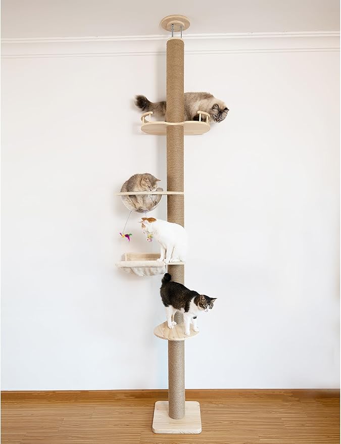 Floor-to-Ceiling Cat Tree with Natural Sisal Rope Scratching Post - Adjustable Height (55-119 Inches) - Modern Cat Activity Tree, Cat Scratcher Post-PurrikoPets