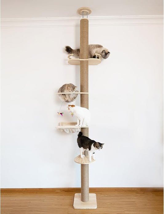 Floor-to-Ceiling Cat Tree with Natural Sisal Rope Scratching Post - Adjustable Height (55-119 Inches) - Modern Cat Activity Tree, Cat Scratcher Post-PurrikoPets