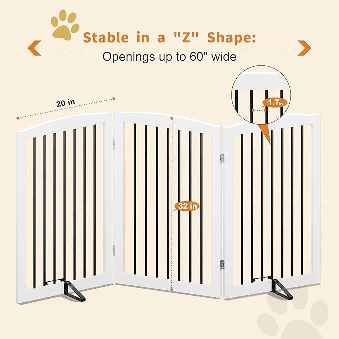 Freestanding Pet Gate for Dogs, Foldable Wooden Dog Gate for House Indoor, Tall Pet Fence for Stair, Doorway,Hall, Support Feet Included, 3 Panels 32",White-PurrikoPets