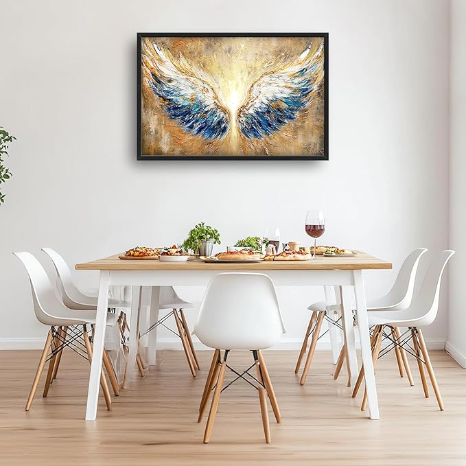 Extra Large Angel Wings Framed Wall Art for Living Room,Oversized Golden Wings Pictures Wall Decor,Holy Gold Blue Canvas Print Painting Modern Artwork Bedroom Office Bathroom 36L" x 24W"-PurrikoPets
