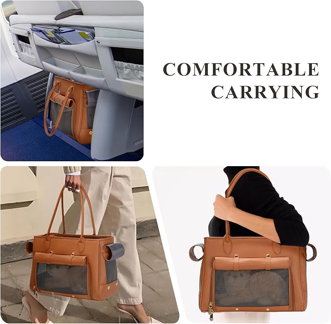 Fashion Pet Carrier Purse for Small Cat and Dog, Luxury Pu Soft-Sided Tote Bag with Large Pockets for Dogs and Puppies (Brown, 15.8" L x 7.5" W x 11.8" H)-PurrikoPets
