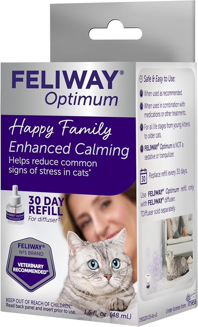FELIWAY® Optimum 30 Day Cat Calming Refill for Pheromone Diffuser, 48ml - Helps Reduce Common Signs of Stress in Cats & Kittens, Enhanced Calming-PurrikoPets