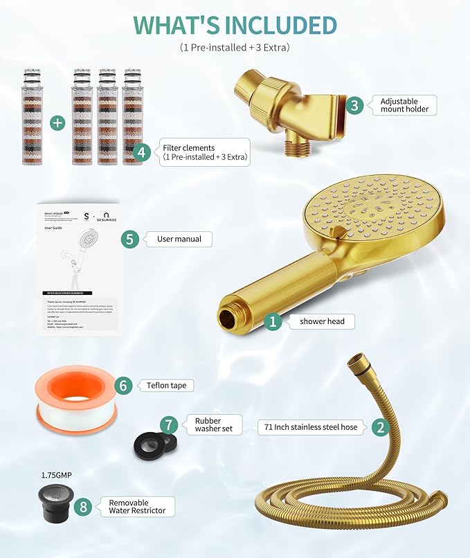 Filtered Shower Head with Handheld, High Pressure 9 Spray Mode Brushed Gold Showerhead with 4 Filters, Detachable Shower Head, Water Softener Filters Beads for Hard Water - Remove Chlorine-PurrikoPets