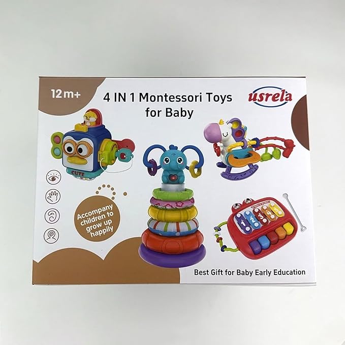 4 in 1 Baby Toys for 6 12 18 Month, Learning Toys for Babies 6-12 Months, Busy Cube, Stacking Sorter, Piano Xylophone Pull String Travel Toy, Birthday Gifts for Toddlers 1 2 Years Old-PurrikoPets