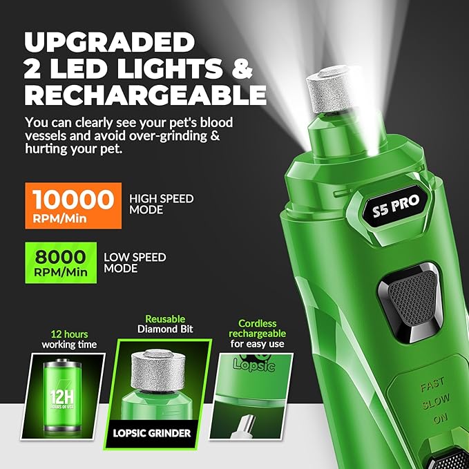 Dog Nail Grinder with 2 LED Lights Powerful 2 Speeds Super Quiet Dog Nail Trimmers with 3 Grinding Wheels Rechargeable Pet Dog Nail Clippers for Large Medium Puppy Dogs Dog Nail File Cat Nail Clipper-PurrikoPets