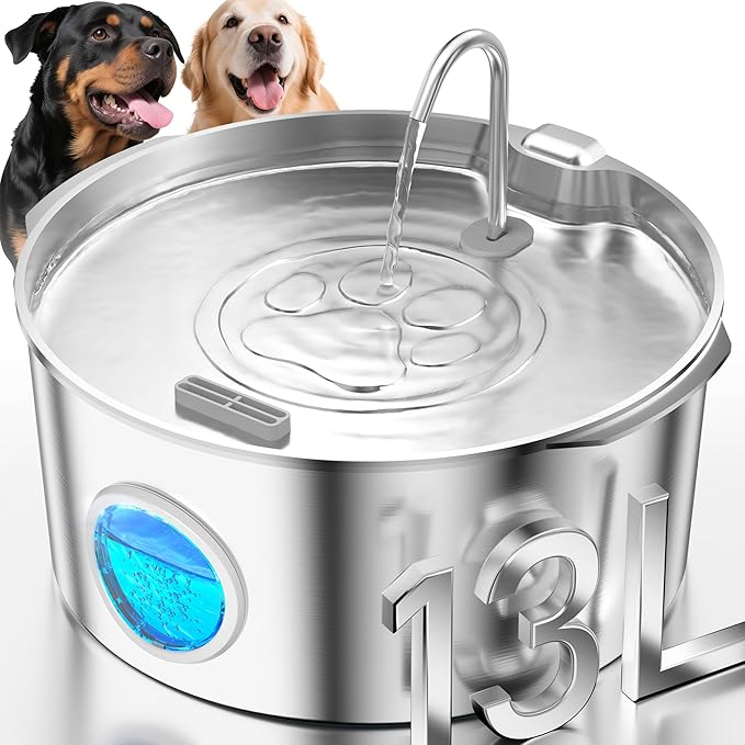 3.4Gal Dog Water Fountain for Large Dogs, Extra Large Stainless Steel Pet Water Fountain, Round Dog Water Bowl Dispenser with Metal Handle, Water Level Window, Supet Quiet Pump for Multi Pet Home-PurrikoPets