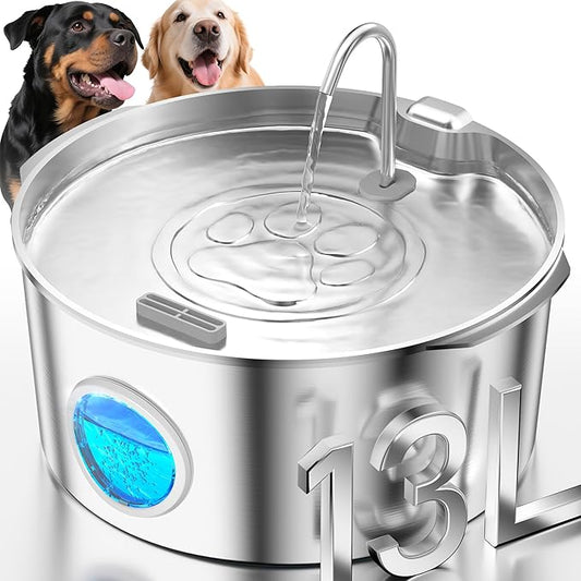 3.4Gal Dog Water Fountain for Large Dogs, Extra Large Stainless Steel Pet Water Fountain, Round Dog Water Bowl Dispenser with Metal Handle, Water Level Window, Supet Quiet Pump for Multi Pet Home-PurrikoPets