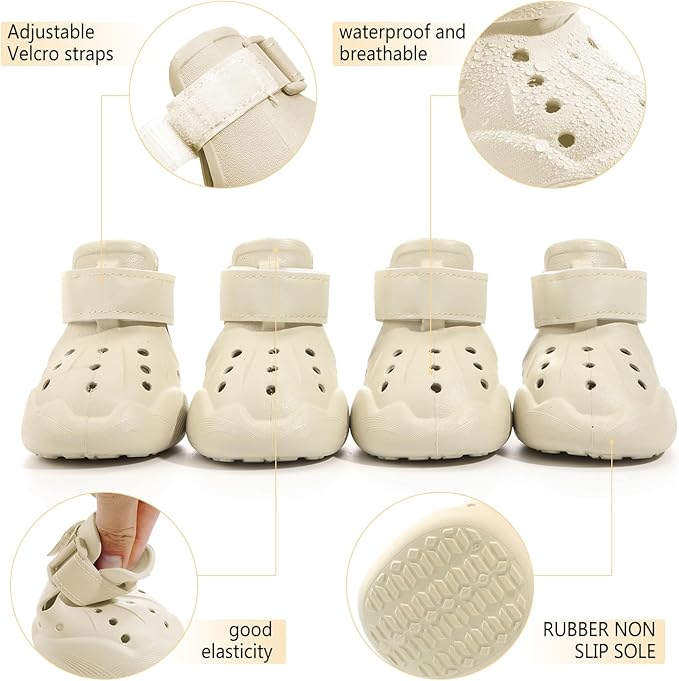 Dog Shoes, Dog Sandals for Hot Pavement, Non-Slip Waterproof Dog Booties for Winter Snowy Day and Summer, Adjustable Straps Easy-Clean Beach Outdoor Pet Boots Rugged Sole-4Pcs Beige-PurrikoPets