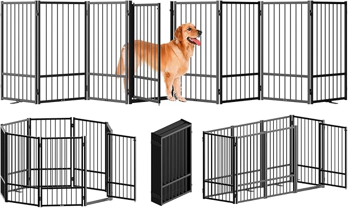 Full Metal Freestanding Dog Gate with Door, 32''Height Foldable Pet Dog Fence for Indoor & Outdoor, 8 Panels Extra Wide Free Standing TallDog Gates for Doorways,House,Stairs,Porch,Deck,Yard-PurrikoPets