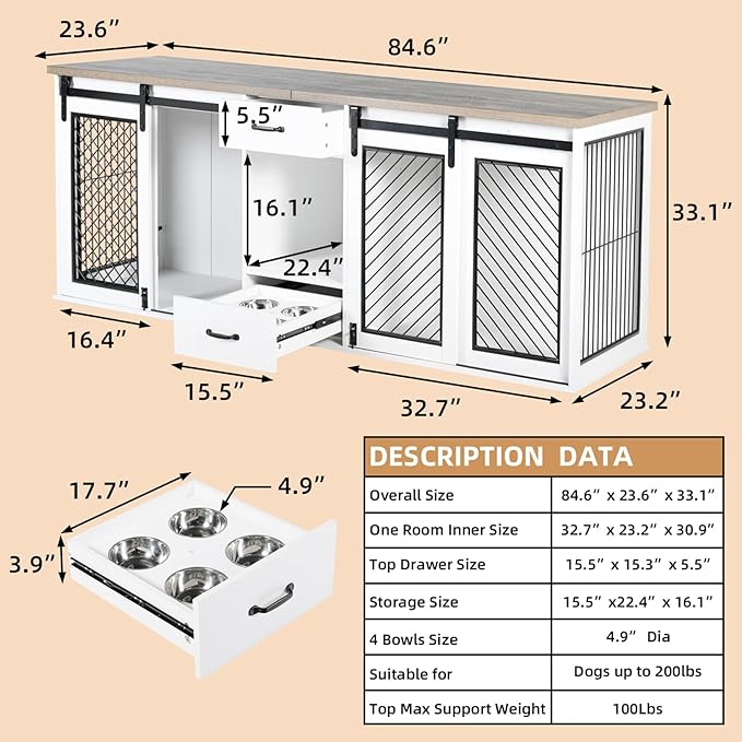 Extra Large Dog Crate Furniture, 85" Sliding Door Double Kennel for 2 Large Dogs Divided, Heavy Duty Wooden Dog Crate Kennel Furniture with 4 Dog Bowls and Drawer Indoor, White-PurrikoPets