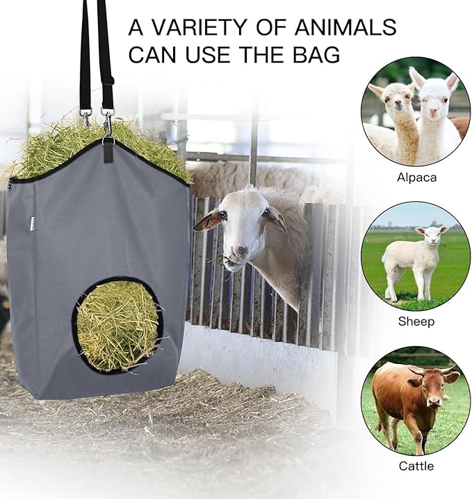 3 Packs Goat Hay Feeder,Hay Bags for Goats,Horses,Sheep,Premium 600D Oxford Cloth,with Metal Fastener and Adjustable Open Feed Hole for Slow Feeding. (1 Black+2Grey)-PurrikoPets