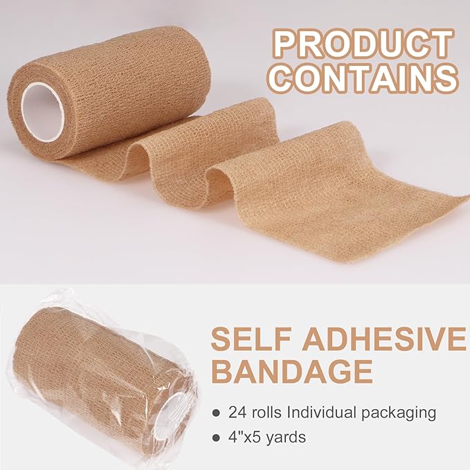 24 Pack Self Adhesive Bandage Wrap, 4” x 5 Yards Cohesive Medical Tape Elastic Wrap for Sports, Ankle, Wrist Sprains, Pet First Aid-PurrikoPets