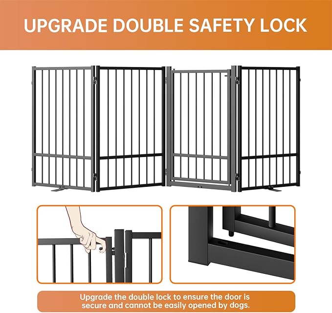 Full Metal Freestanding Dog Gate with Door, 32''Height Foldable Pet Dog Fence for Indoor & Outdoor, 4 Panels Extra Wide Free Standing TallDog Gates for Doorways,House,Stairs,Porch,Deck,Yard-PurrikoPets