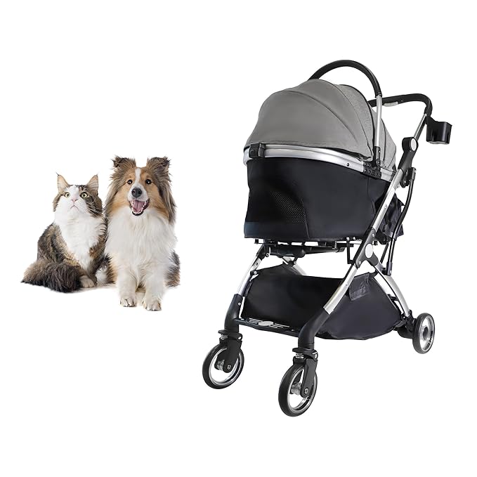 Dog Stroller for Small Medium Dogs, 3 in 1 Folding Pet Stroller Up to 33 lbs, 4 Wheels Pet Strolling Cart with Zipperless Entry, Cat Dog Travel Carrier with Telescopic Handle and Storage Basket-PurrikoPets