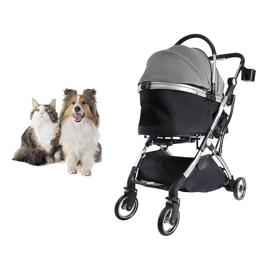Dog Stroller for Small Medium Dogs, 3 in 1 Folding Pet Stroller Up to 33 lbs, 4 Wheels Pet Strolling Cart with Zipperless Entry, Cat Dog Travel Carrier with Telescopic Handle and Storage Basket-PurrikoPets