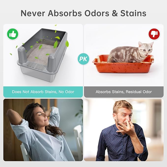 Enclosed Stainless Steel Cat Litter Box with Lid, XL Extra Large Litter Box for Big Cats, Metal Litter Pan High Sided, Never Absorbs Odors, Anti-Urine Leakage, Include Scoop (SH-Light Gray)-PurrikoPets