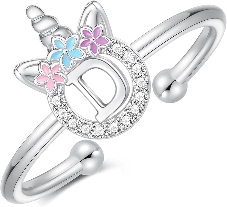 Unicorn Rings Gifts for Girls - Adjustable Initial Ring Dainty Cute Unicorn Rings for Girl Teens Little Girls Jewelry Birthday Gift