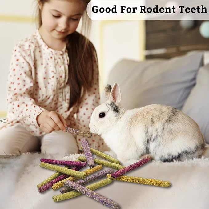 Fhiny 68 PCS Rabbit Chew Sticks, Natural Petals Timothy Hay Sticks Guinea Pig Chewing Toys for Teeth Small Animals Molar Snacks for Bunny Guinea Pig Chinchilla Hamster-PurrikoPets