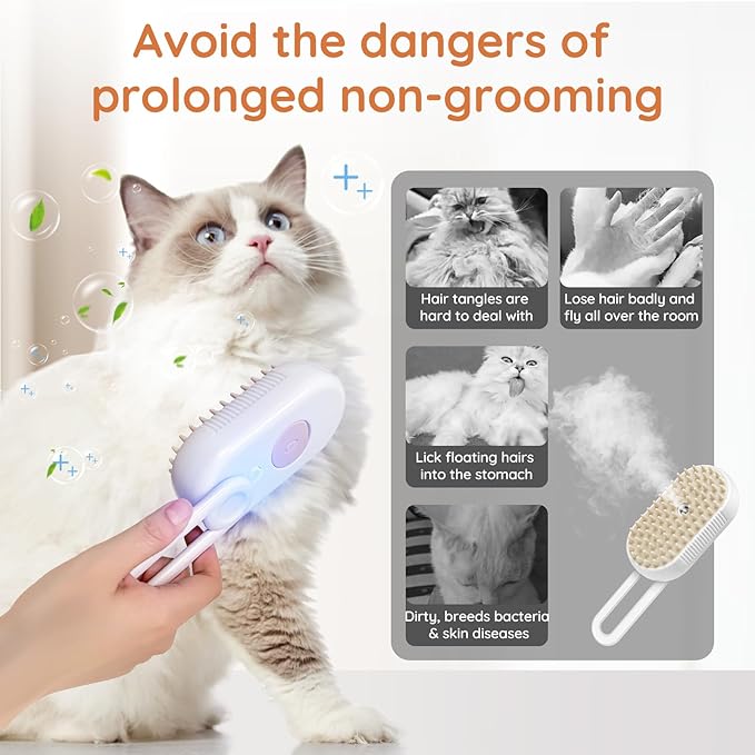 GKZ Cat Steam Brush, 3 in 1 Pet Comb for Massage, Cleaning, Shedding and Combing, Electric Mist to Prevent Flyaways for Home, Dogs and Cat Lovers - White-PurrikoPets